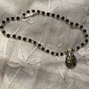 NWT Tiger’s Tree Necklace (Beige Crystal Beads, Black Lava Rock And Tiger’s Eye)
